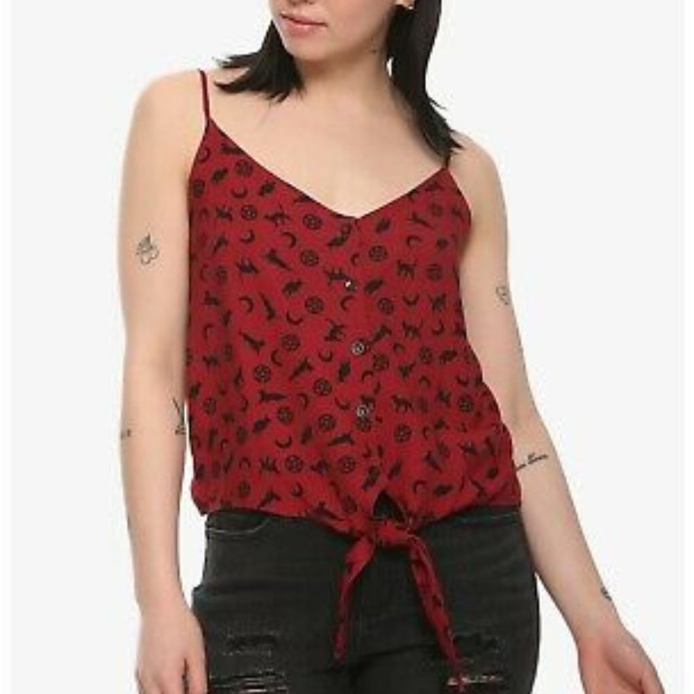 Hot Topic Midnight Hour Hocus Pocus Style Cat Moon Pentagram Button Up Tie Top